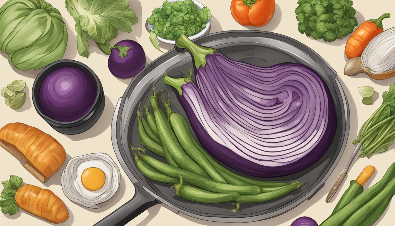 A globe eggplant being sliced and grilled on a hot pan, surrounded by various alternative vegetables and cooking utensils