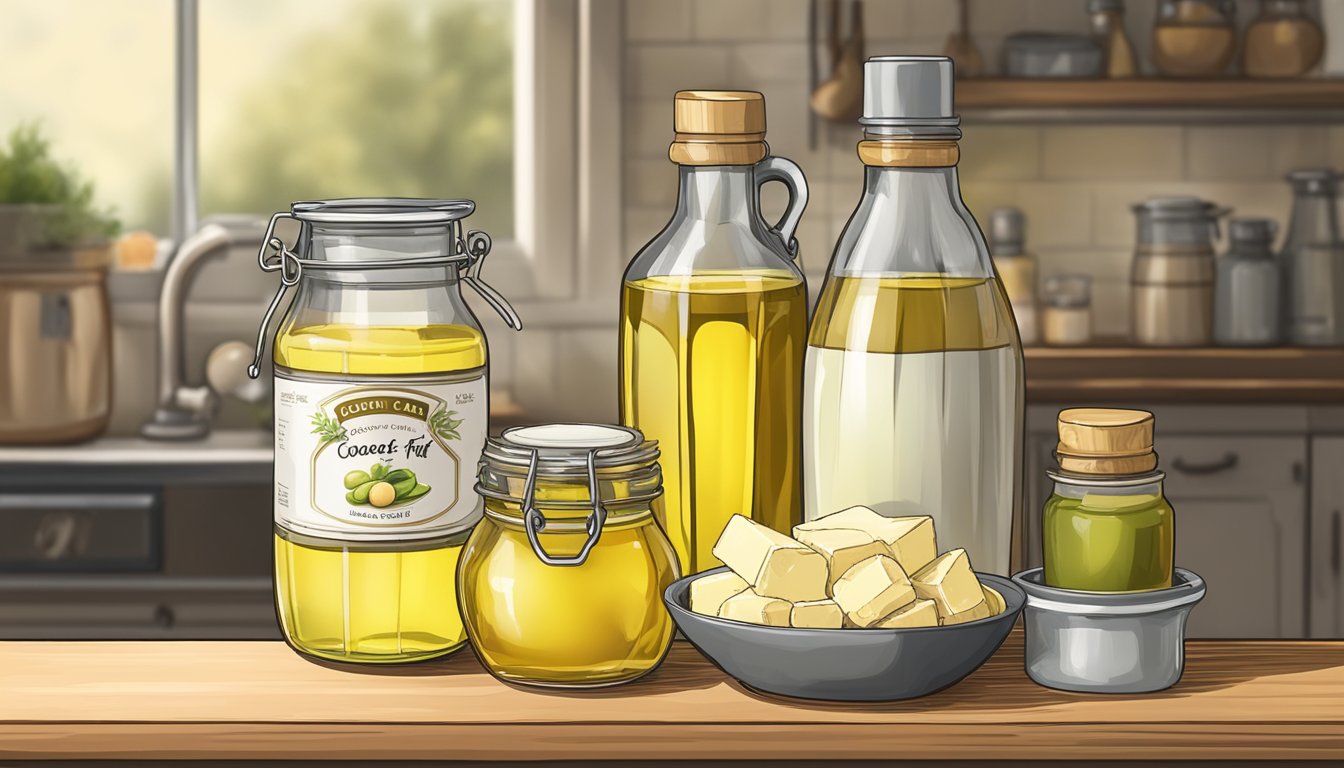 A jar of goose fat sits next to various alternative cooking oils and fats, including butter, olive oil, and vegetable shortening