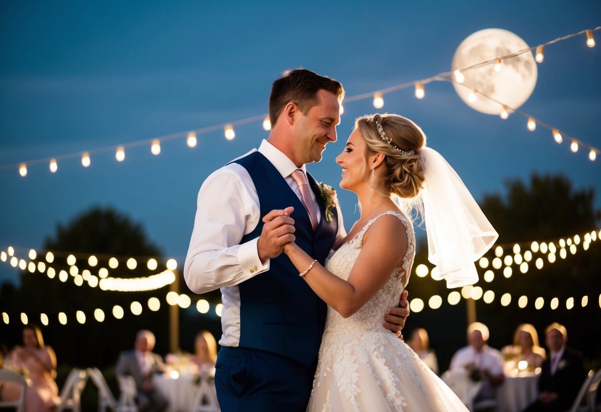 A bride and groom dancing under a romantic, starlit sky with twinkling lights and a full moon in the background