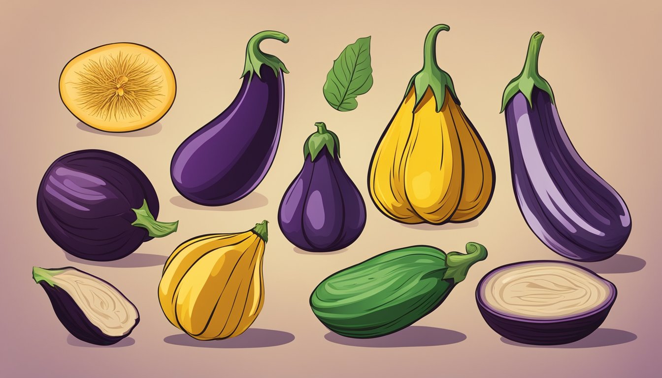 A variety of unconventional eggplant substitutes arranged in a colorful display