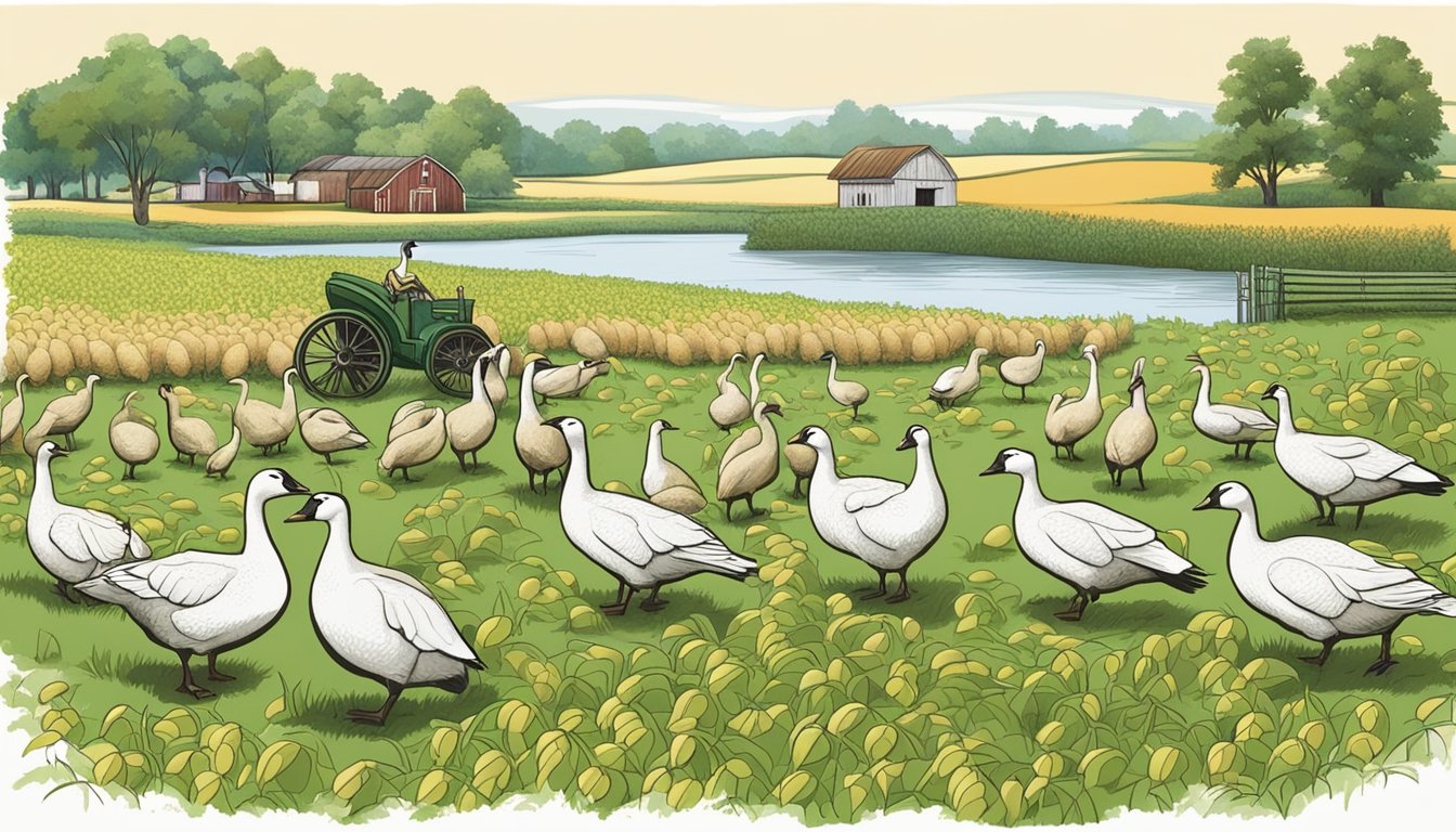 A group of geese grazing in a meadow, with a nearby farmer harvesting a field of soybeans