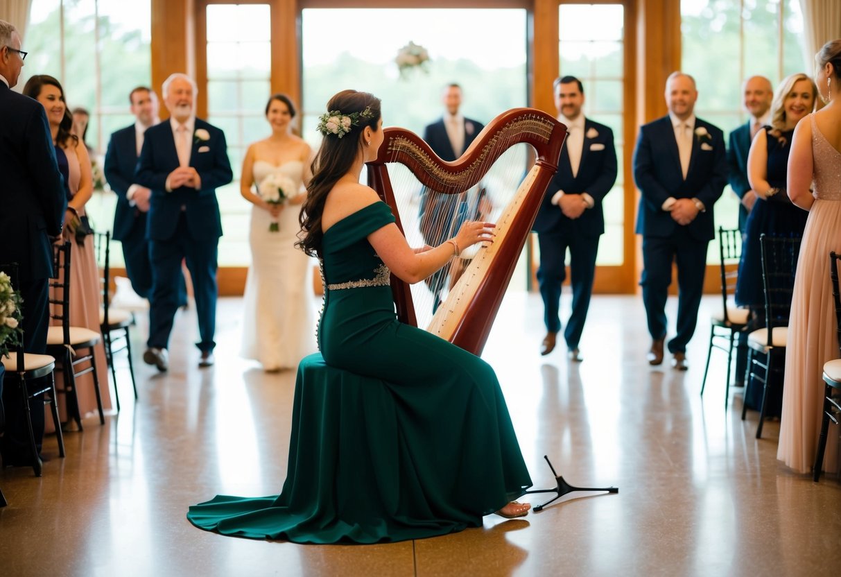 A harpist plays a romantic melody as guests enter the wedding venue