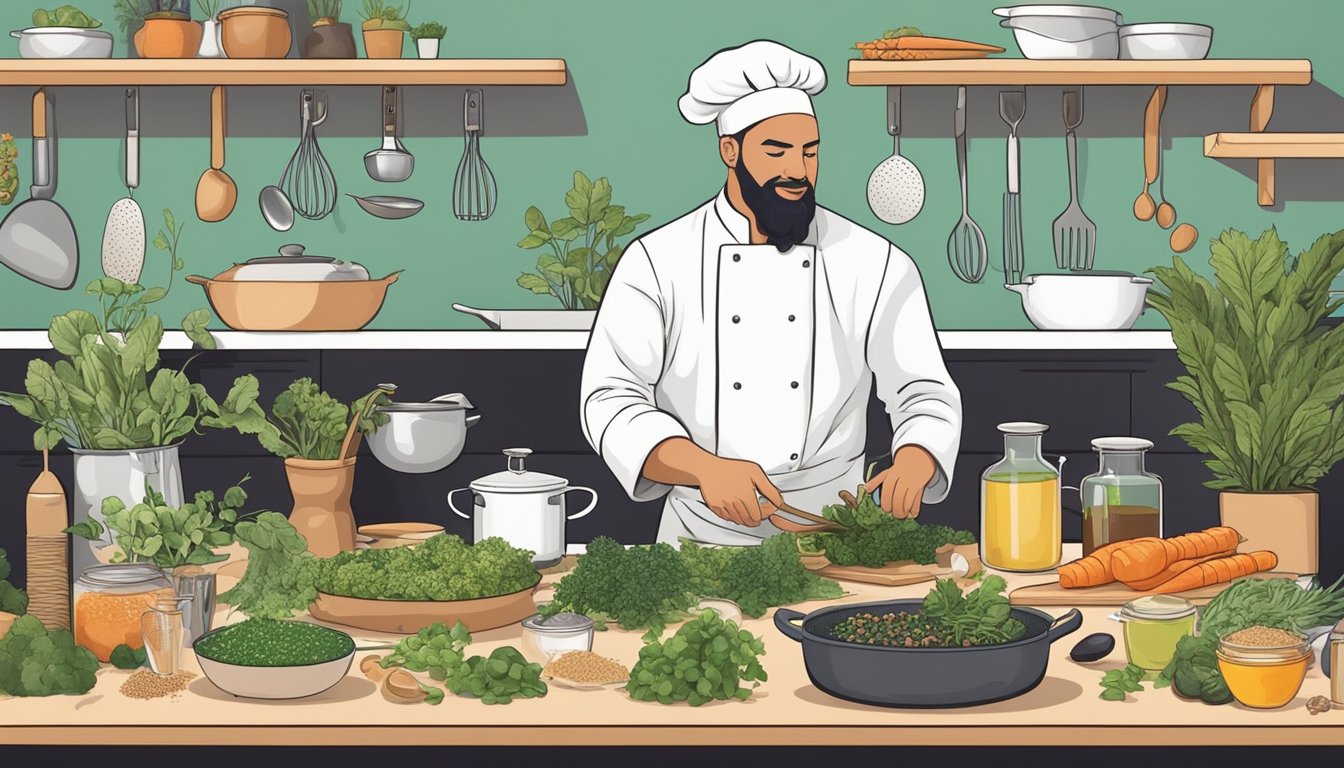 A chef in a kitchen, surrounded by various plant-based ingredients and cooking utensils, experimenting with creating goose substitutes for a vegan dish