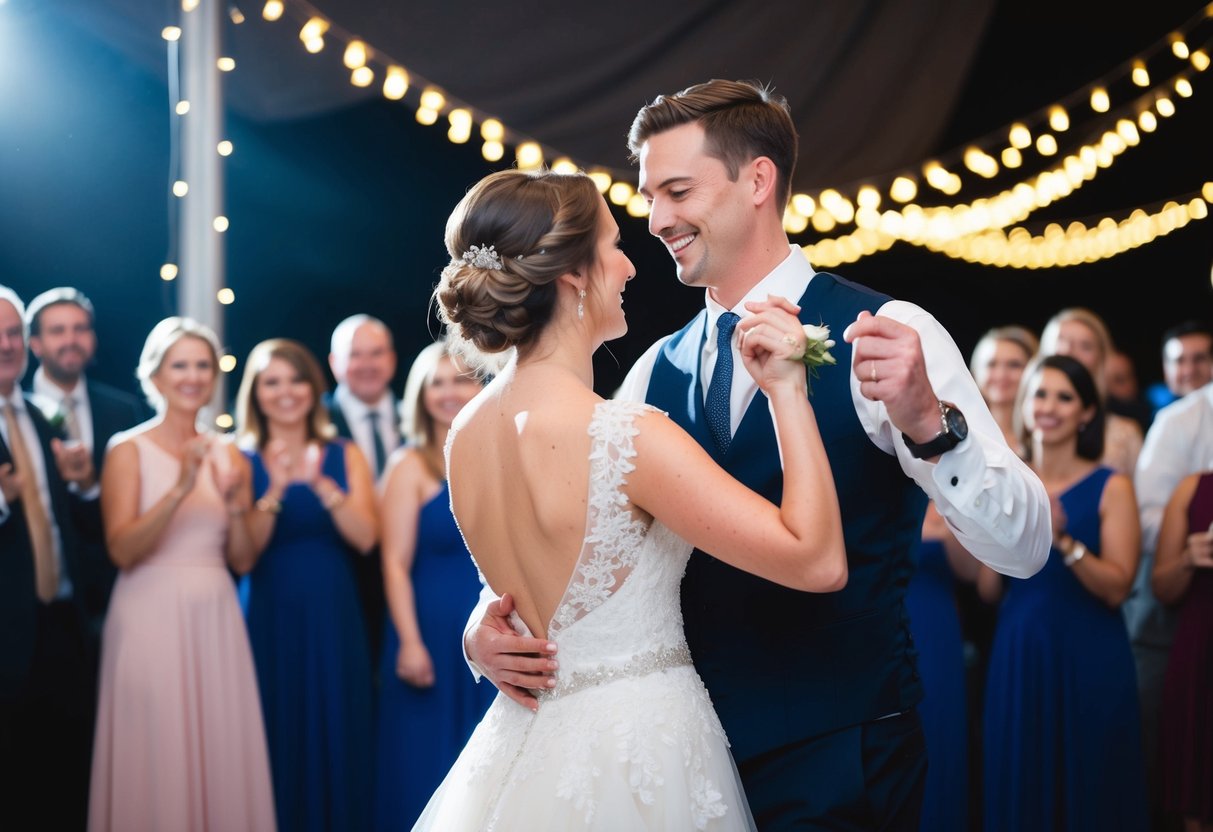 A bride and groom dancing in a spotlight, surrounded by smiling guests and twinkling lights