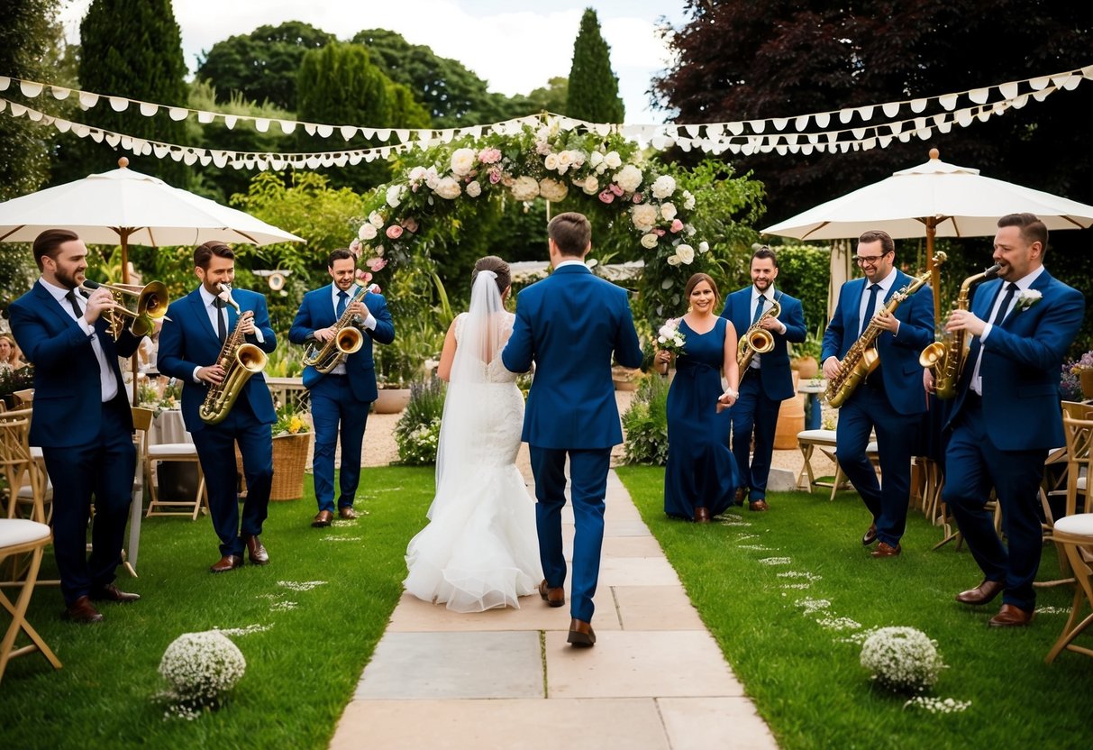 A band plays lively music in a garden as guests enter a wedding venue adorned with unconventional decorations