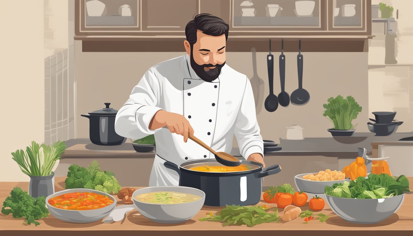 A chef stirring a pot of soup with a wooden spoon, adding in chopped vegetables and a substitute for goose meat