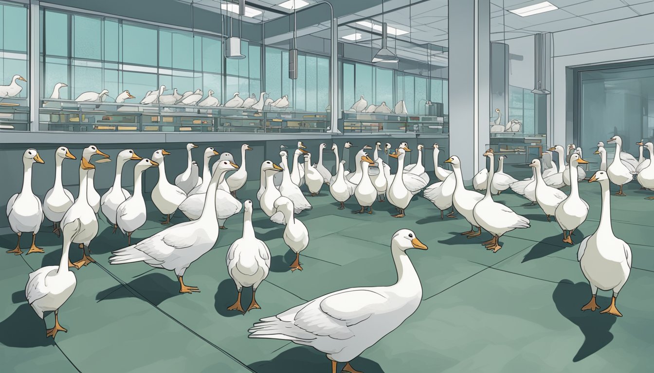 A group of geese are being observed and compared to potential substitutes in a research lab setting