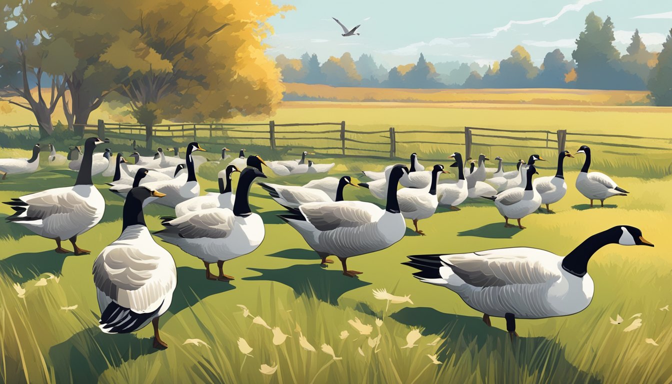 A flock of geese grazing in a field, with a few decoy substitutes scattered among them