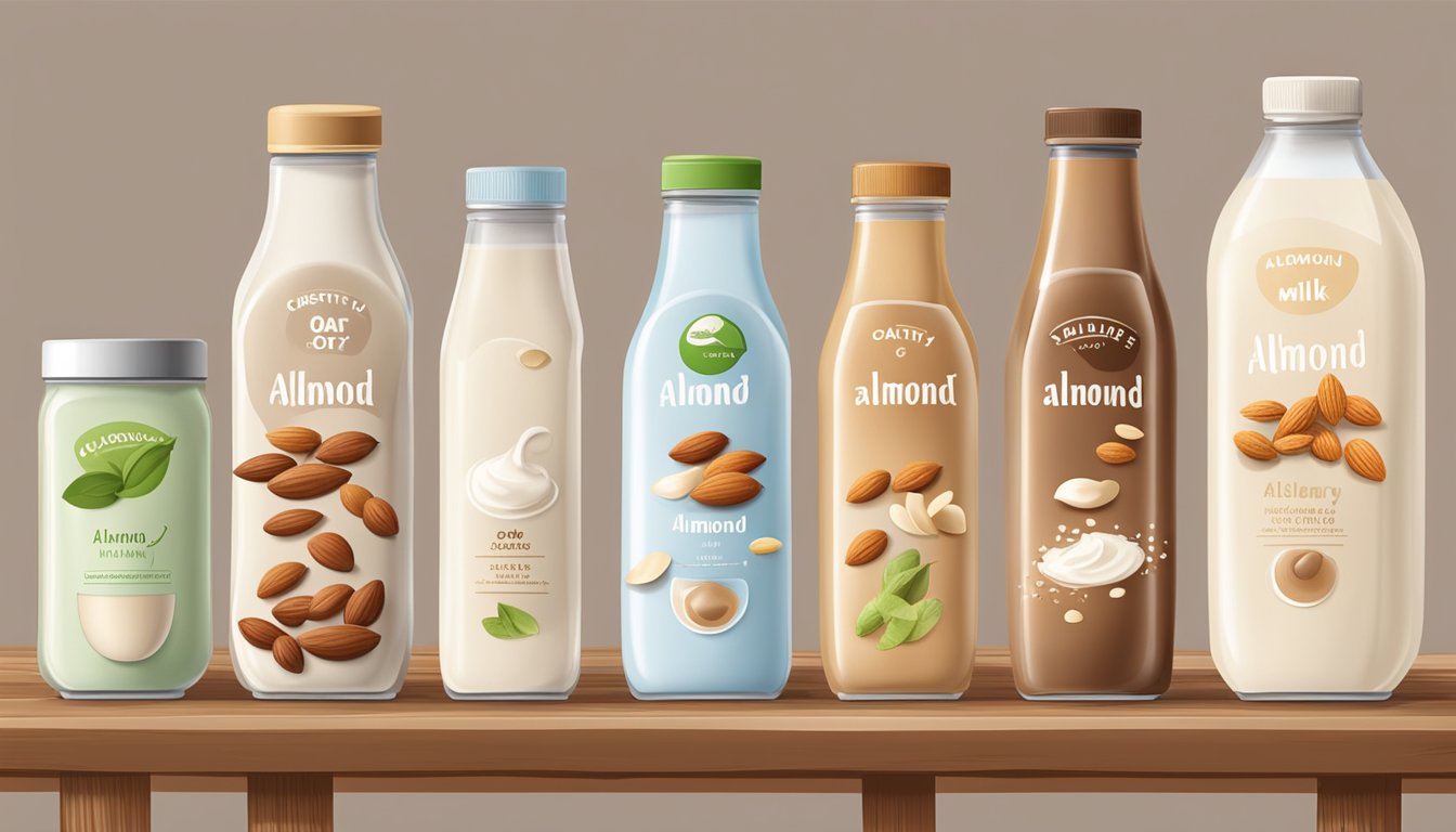 A variety of non-dairy milk alternatives, including almond, soy, and oat milk, displayed on a wooden table