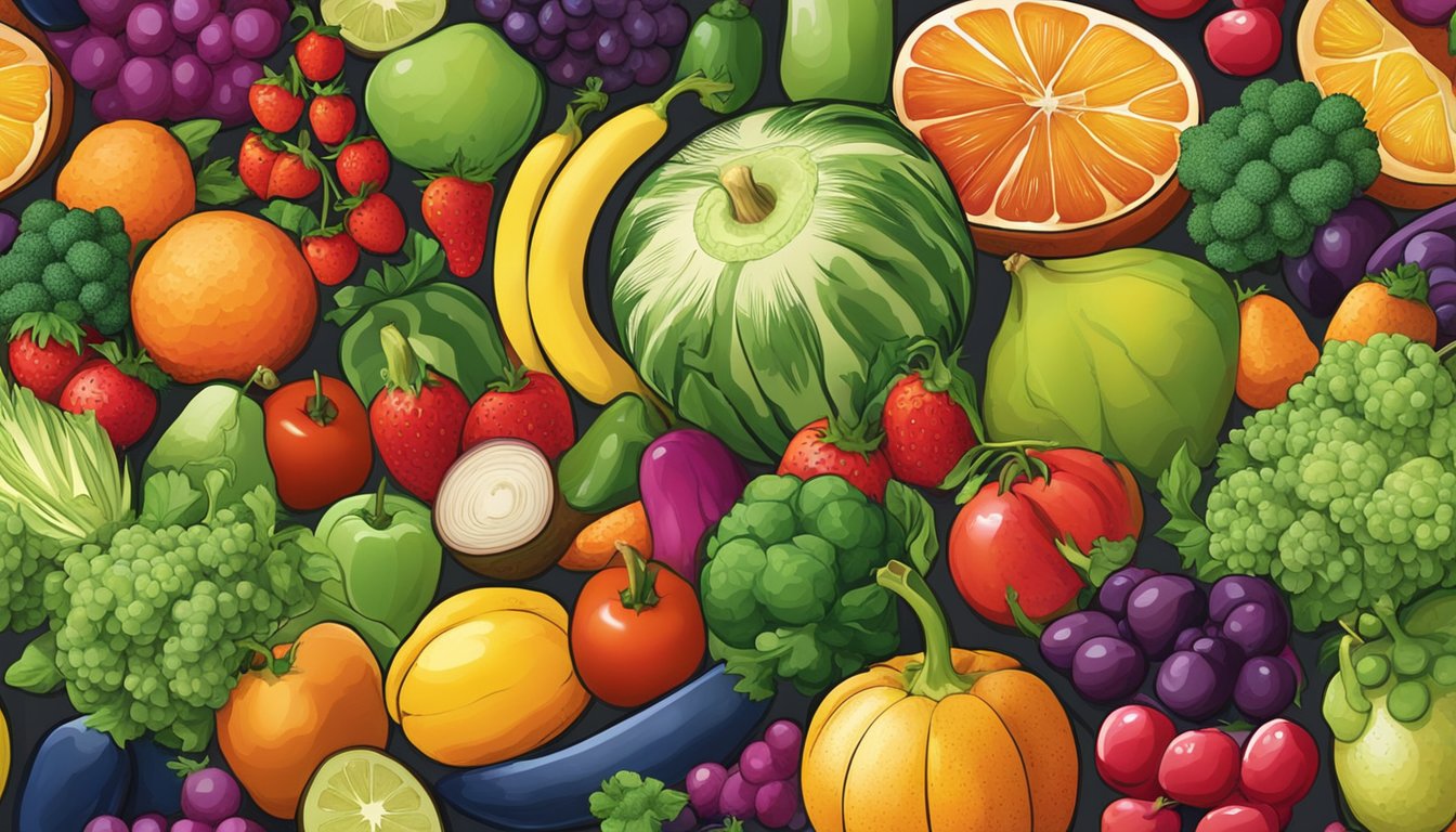 A variety of colorful fruits and vegetables arranged on a table, with a focus on their vibrant and appealing appearance