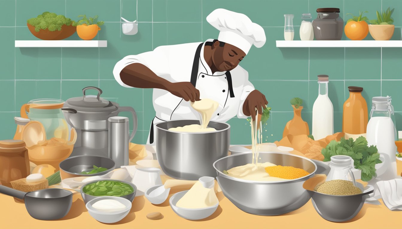 A chef pouring goat milk substitute into a mixing bowl surrounded by various cooking ingredients and utensils