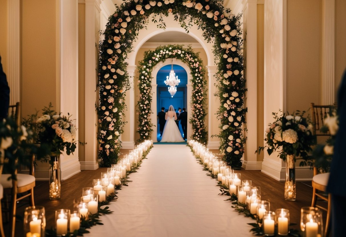 A grand entrance at a wedding: A majestic archway adorned with flowers and lights, leading to a path lined with flickering candles and elegant décor
