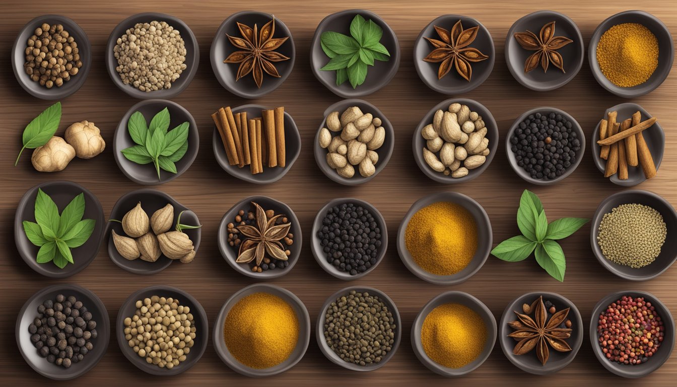 A collection of various spices and herbs, including black peppercorns, cardamom pods, and ginger root, arranged in small bowls on a wooden table