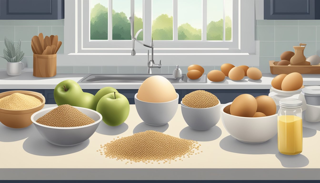 A variety of egg substitutes such as flaxseeds, bananas, and applesauce arranged on a kitchen counter