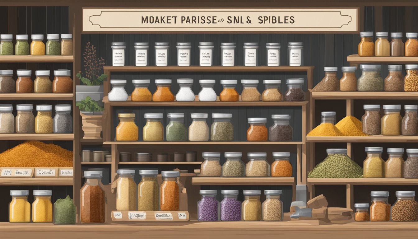 A market stall with various spice jars, including grains of paradise substitutes, displayed in front of a price sign