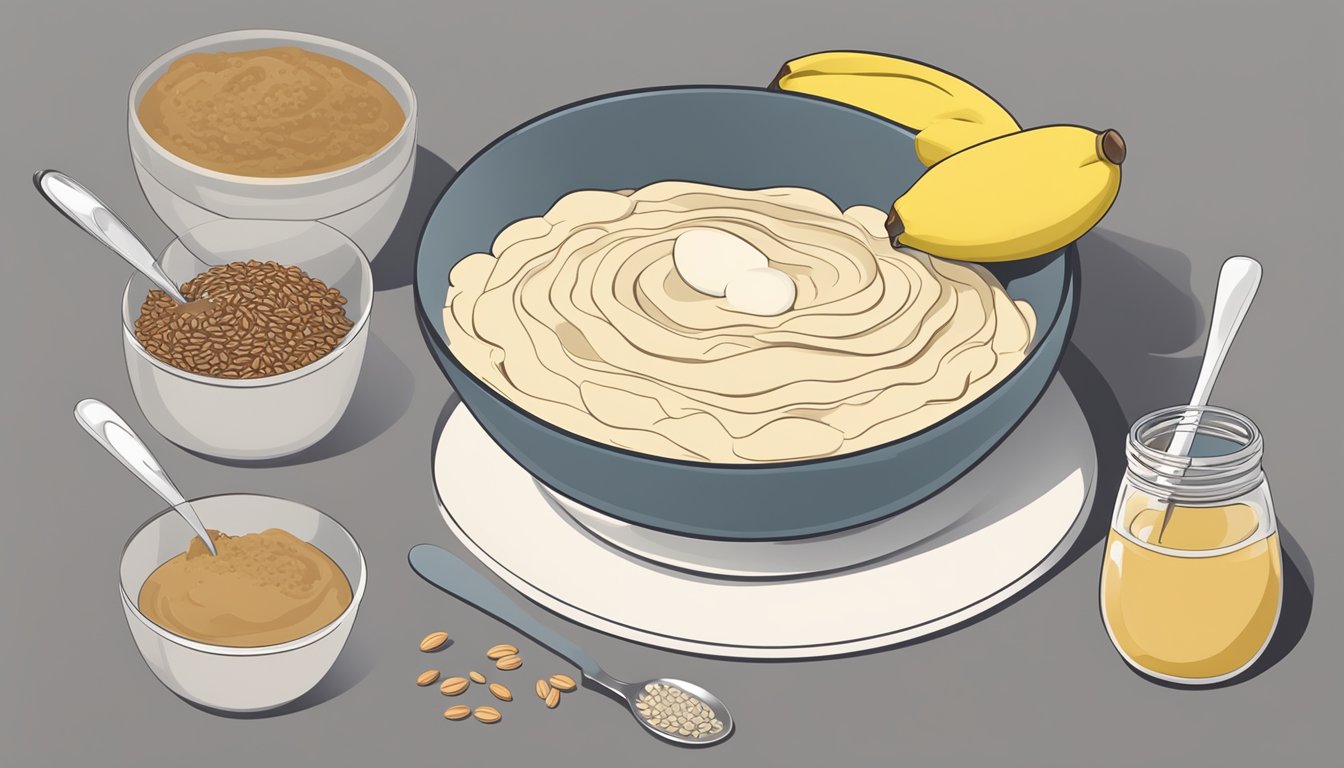 A goose egg sits next to a bowl of flaxseeds, applesauce, and mashed bananas, surrounded by measuring spoons and a mixing bowl