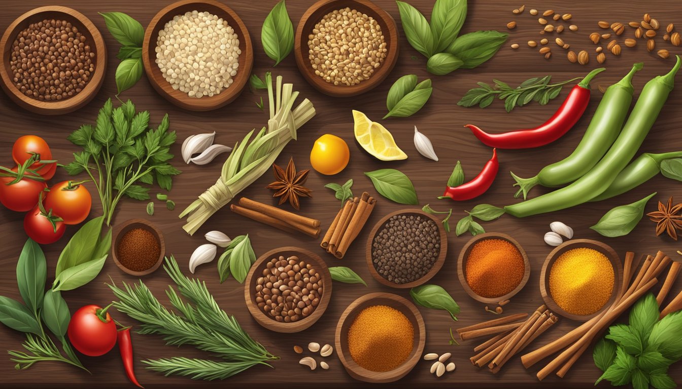 A colorful array of spices and herbs arranged on a wooden cutting board, including grains of paradise, surrounded by various world cuisines