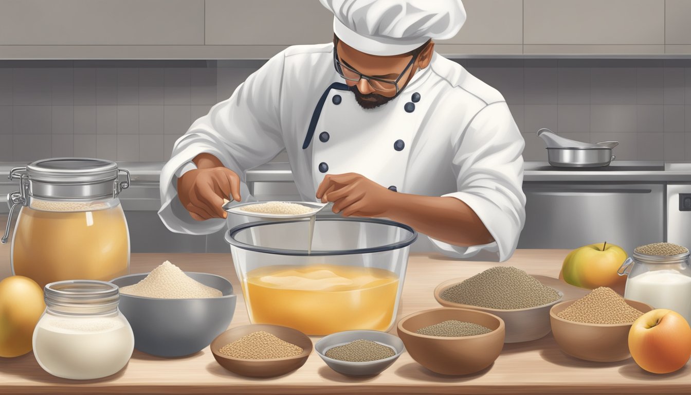 A chef measuring and comparing various ingredients like applesauce, yogurt, and flaxseed as potential substitutes for goose eggs in specific dishes