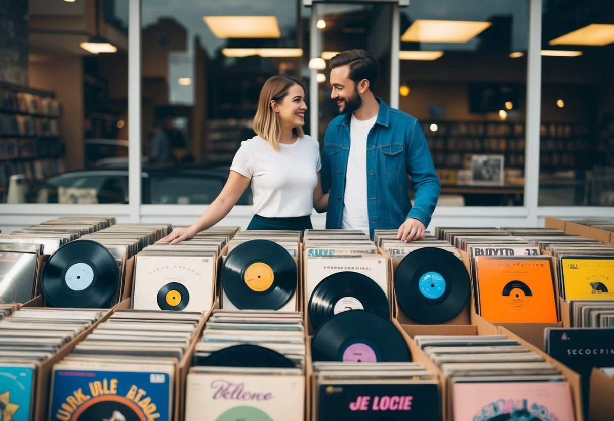 A couple stands in front of a record store, browsing through a collection of vinyl records with various genres and artists