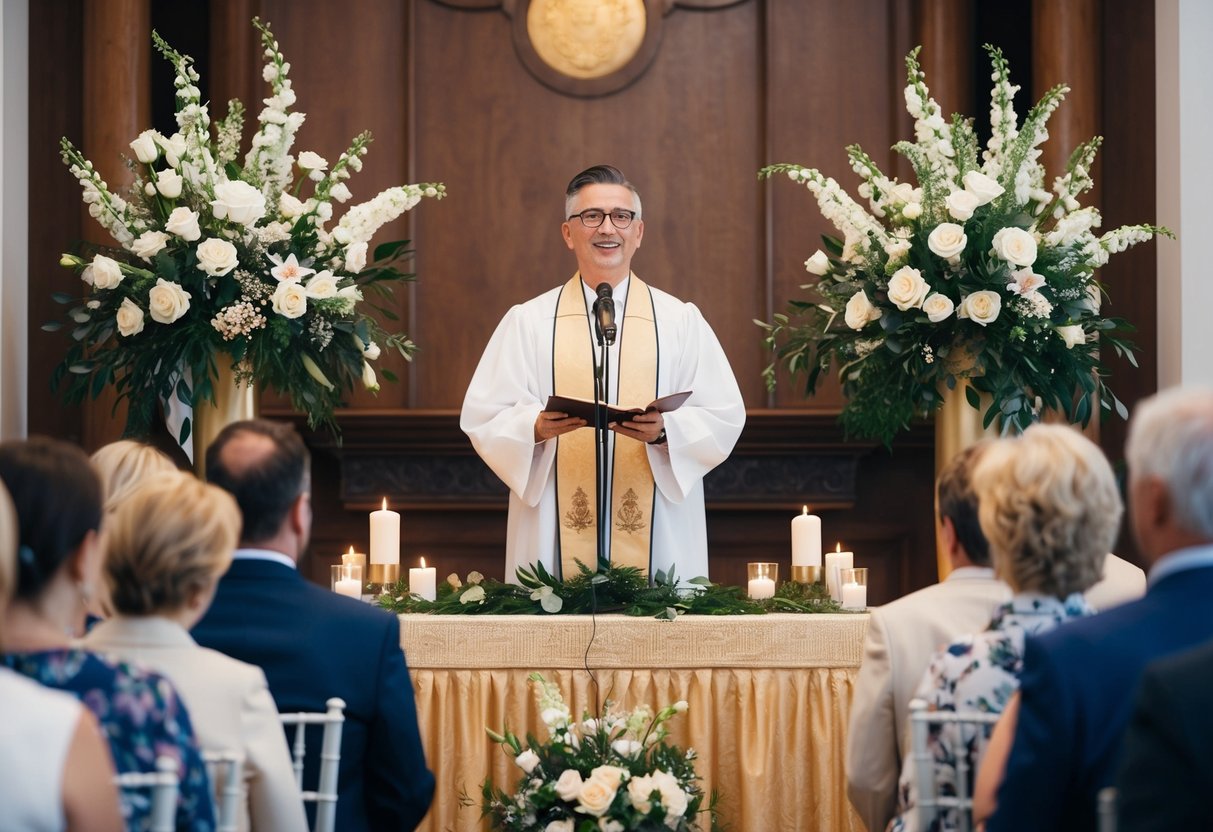 A celebrant standing at a decorated ceremony altar with flowers and candles, officiating a wedding or other significant event