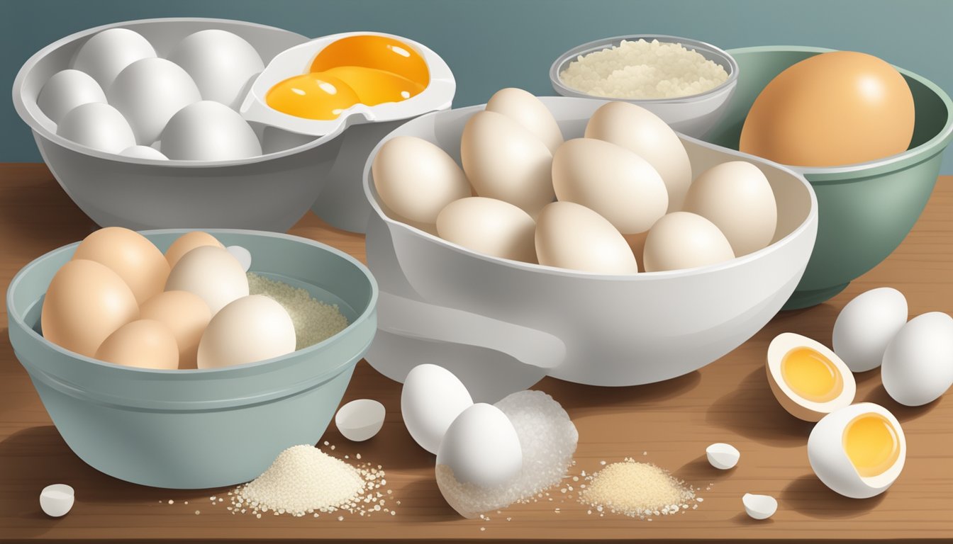 A mixing bowl with cracked goose eggs and various egg substitute options on a kitchen counter