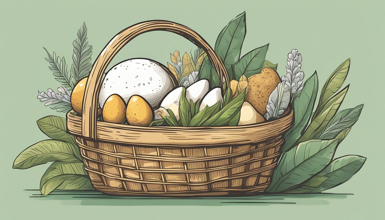 A person holding a basket filled with various alternatives to goose eggs, such as tofu, flaxseed, and banana, with a focus on healthy and plant-based options