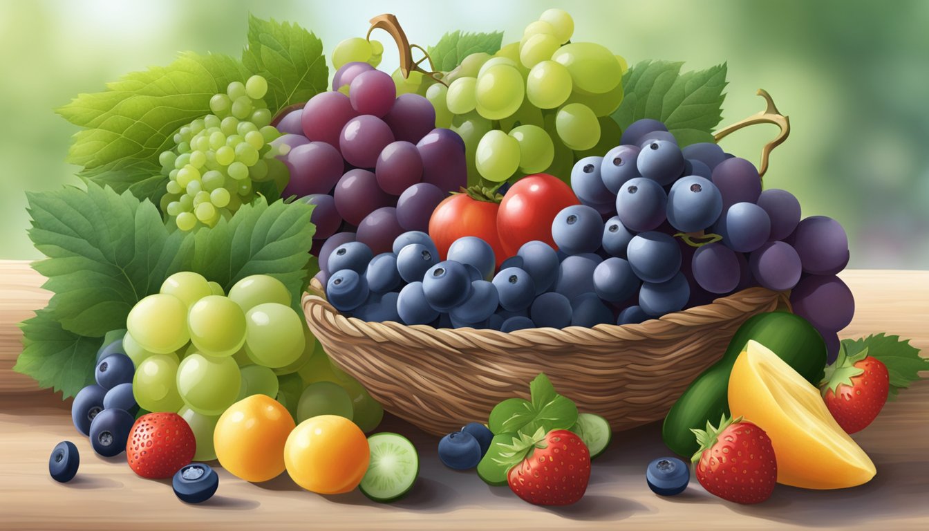 A bunch of ripe grapes sits next to a variety of substitute fruits and vegetables, including blueberries, strawberries, and cucumbers