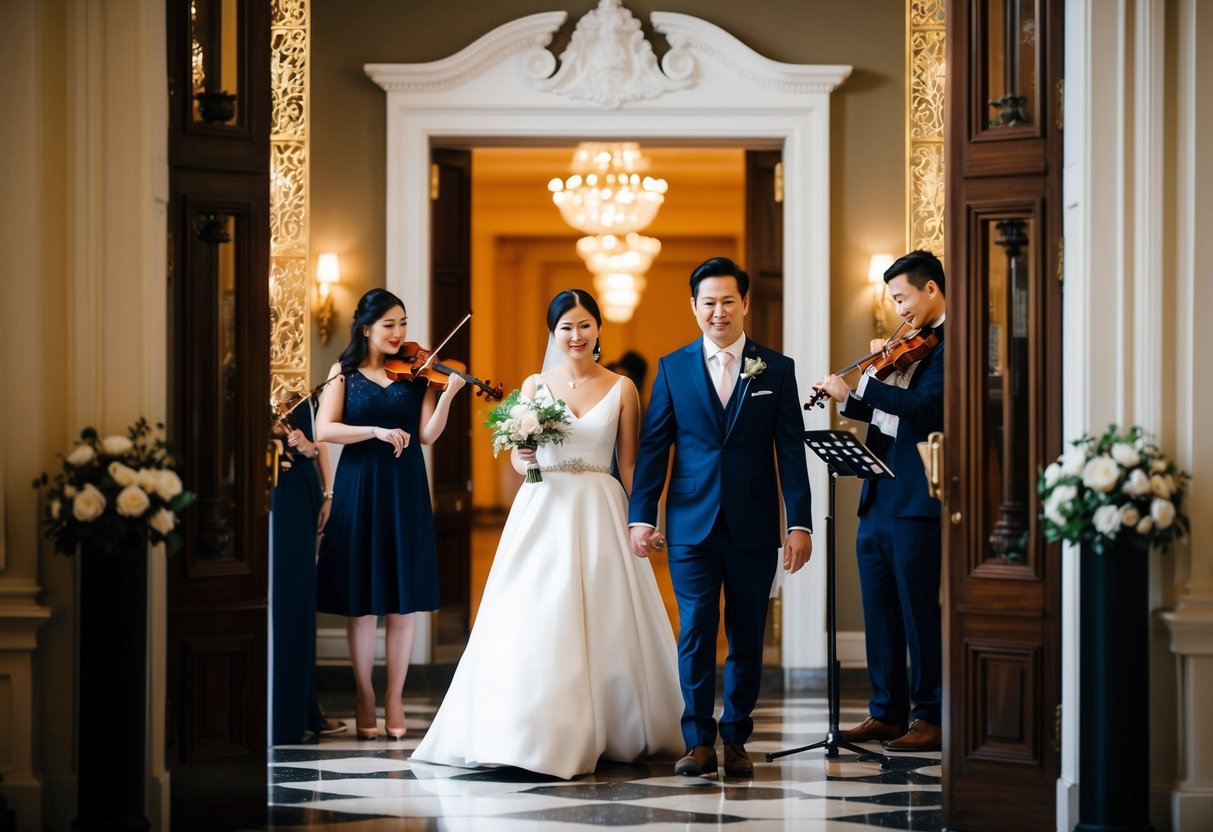 A couple stands at the entrance of a grand hall, surrounded by elegant decor. A musician plays a selection of songs while they listen intently, trying to choose the perfect wedding entrance music