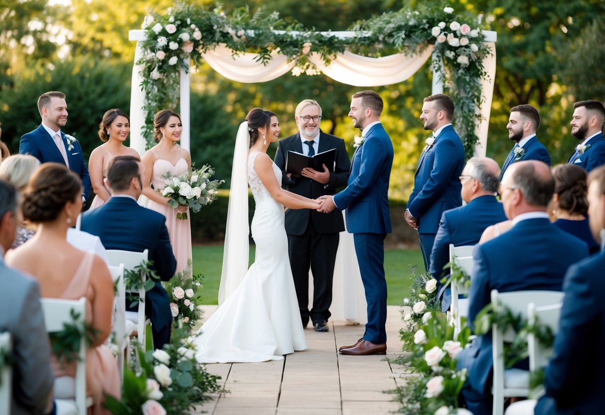 A celebrant leading a wedding ceremony in a decorated outdoor setting with guests seated and a couple standing together
