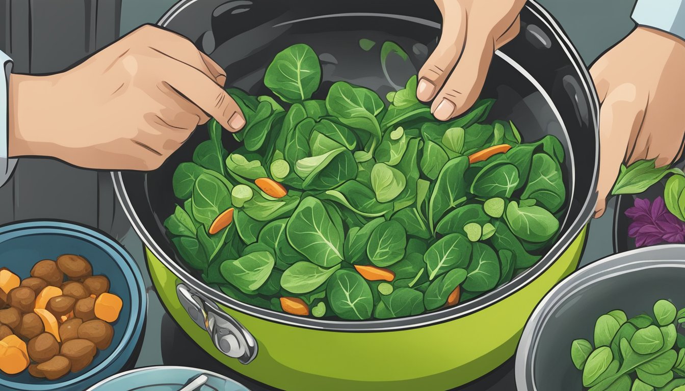 A chef swapping gotu kola for spinach in a vibrant stir-fry dish