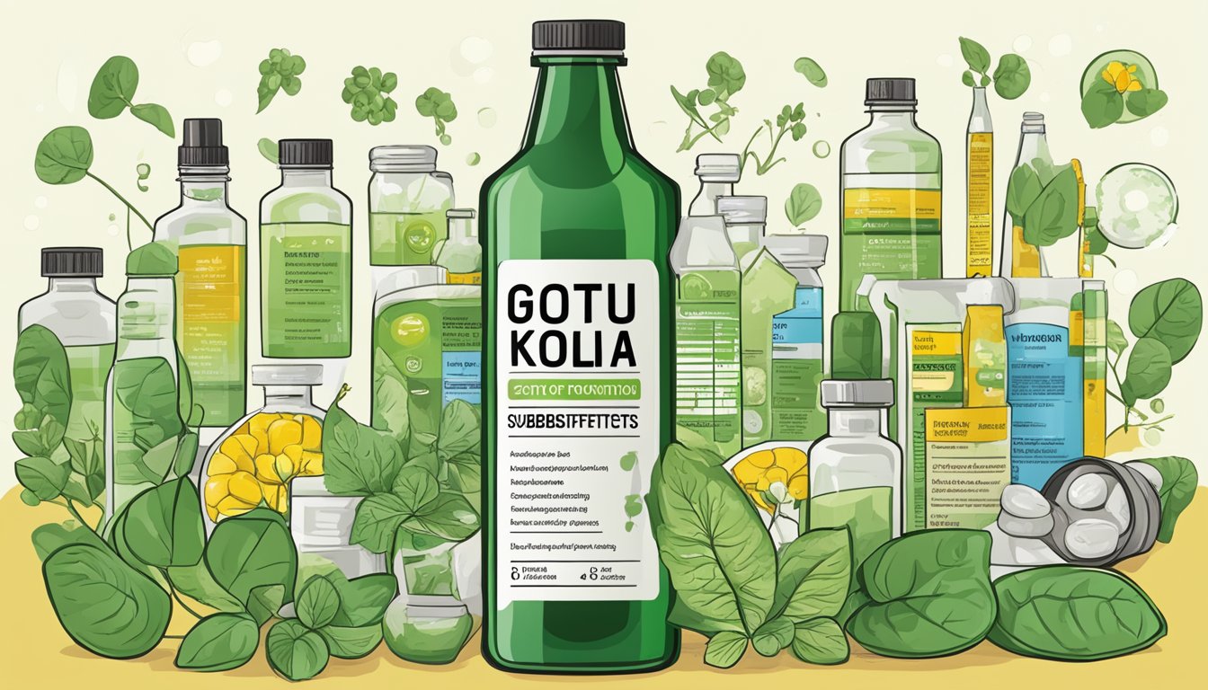 A bottle of gotu kola substitutes surrounded by warning symbols and a list of potential side effects and precautions