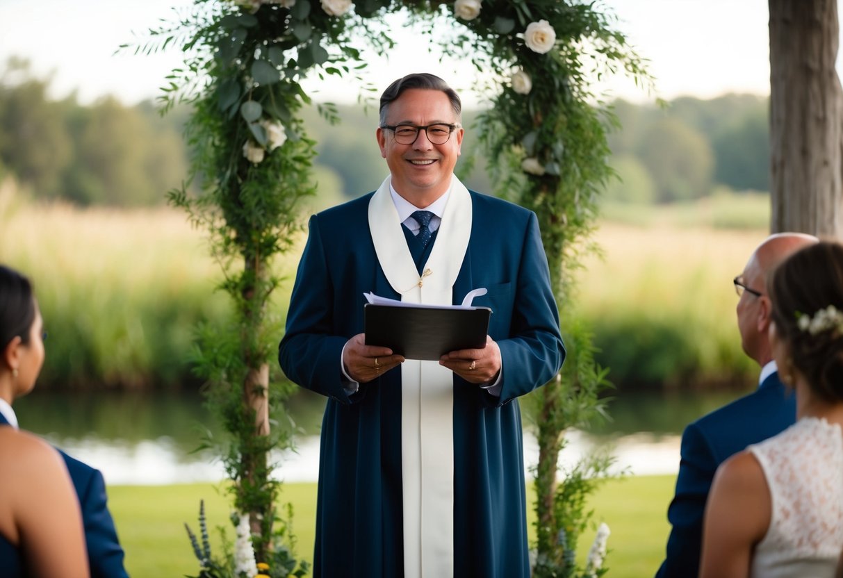 A celebrant stands in front of a serene outdoor setting, surrounded by nature and a sense of tranquility, holding a ceremony