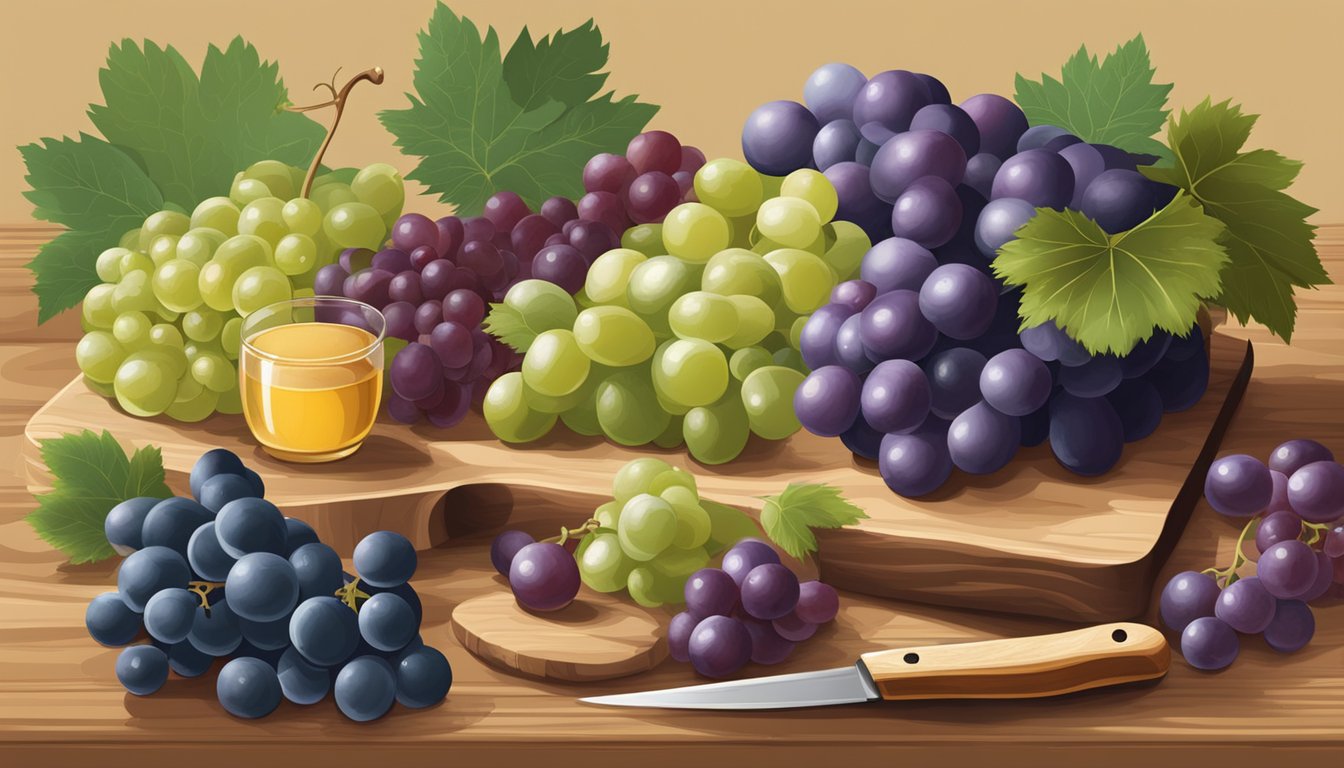 A variety of grapes, along with alternative substitutes, displayed on a wooden cutting board with a knife and various textures