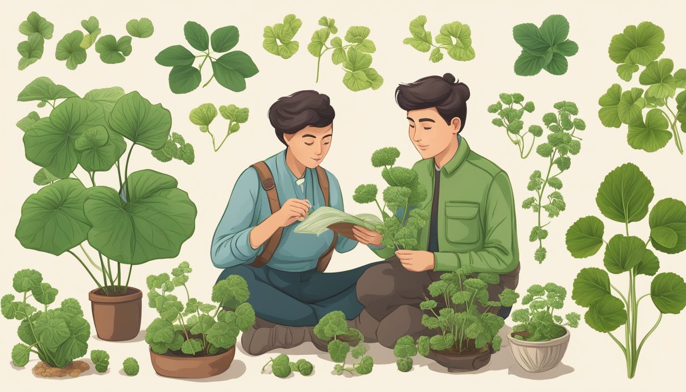 A botanist carefully examines different plant species, comparing their leaves and stems for potential gotu kola substitutes