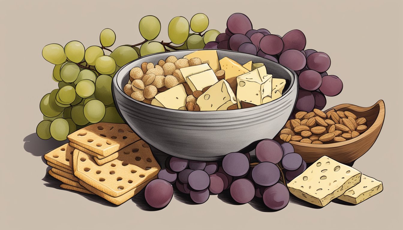 A bowl of assorted non-fruit alternatives like nuts, cheese, and crackers, with a bunch of grapes off to the side