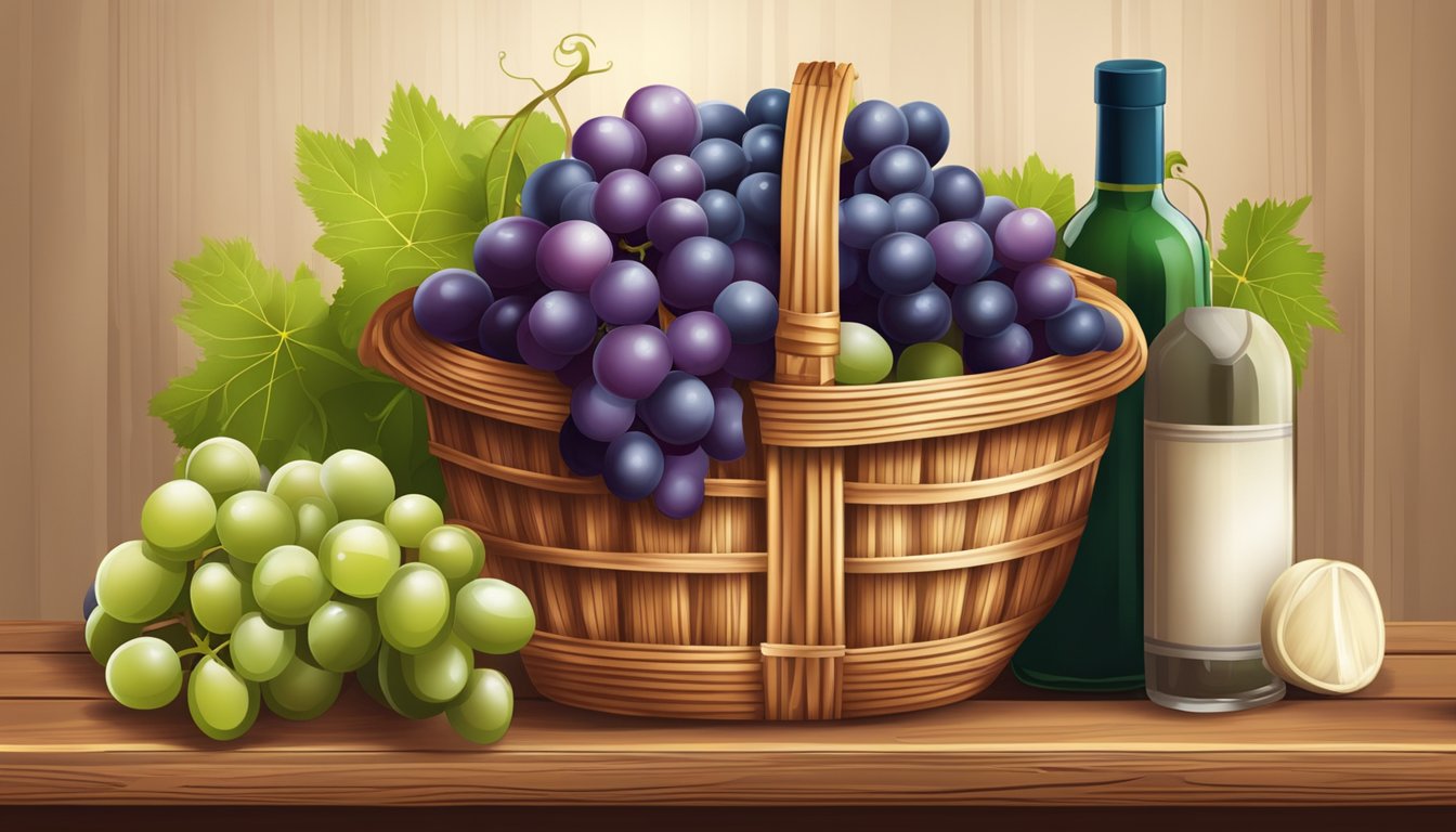 Fresh grapes in a wicker basket with a variety of substitutes on a wooden shelf. Some items may include raisins, wine, or grape juice