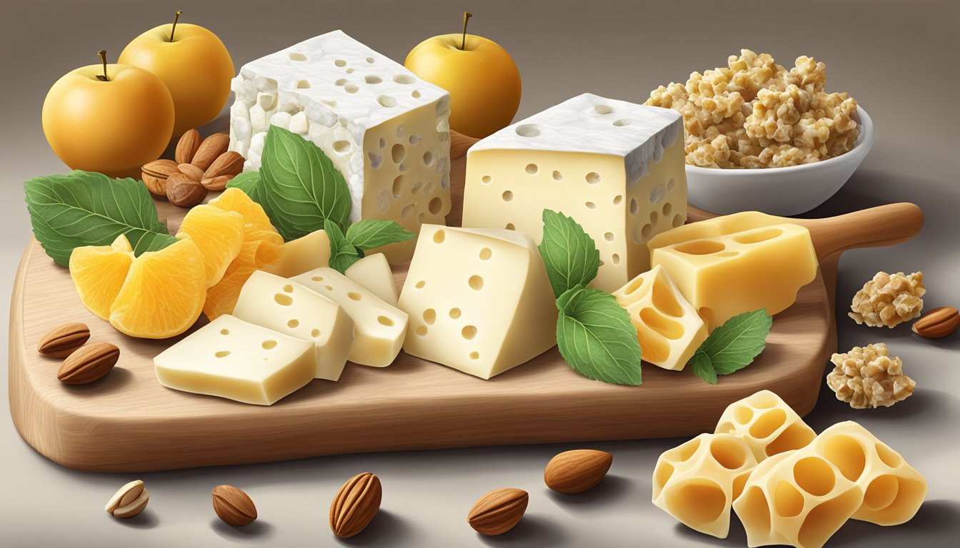 A variety of gorgonzola cheese substitutes arranged on a wooden cutting board, alongside fresh fruits, nuts, and honeycomb