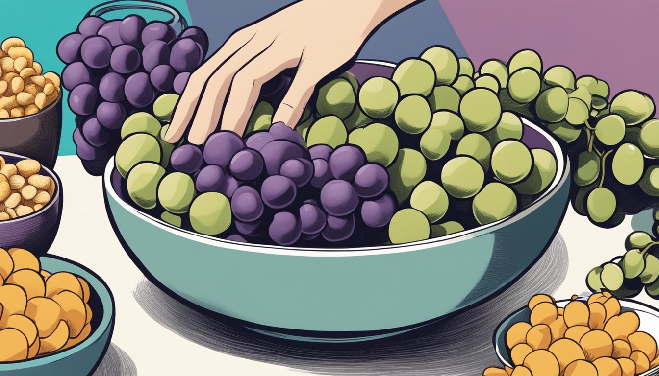 A hand reaching for a bunch of grapes, with a bowl of sugary snacks nearby