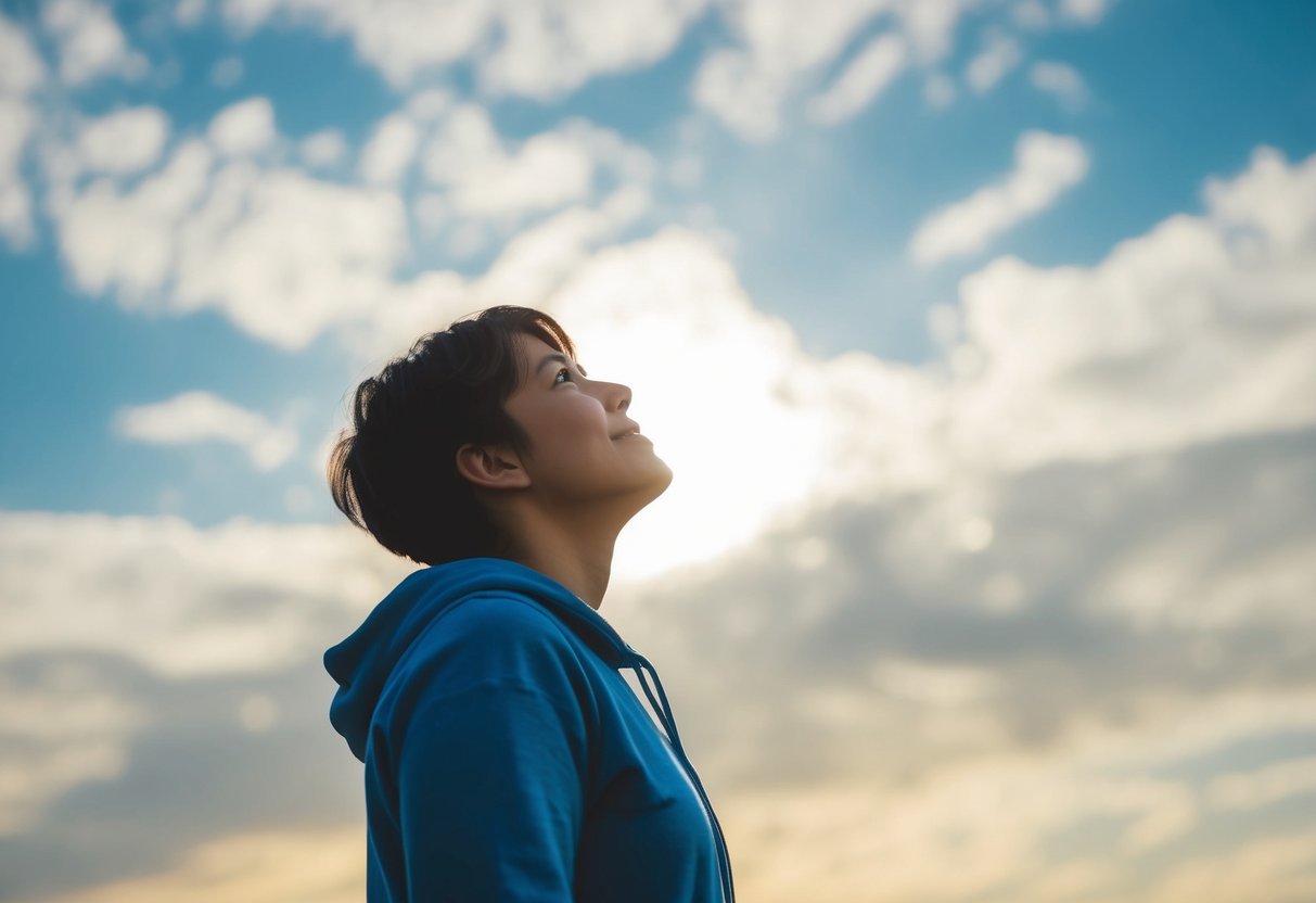 A person standing in a beam of light, looking up at the sky with a hopeful expression