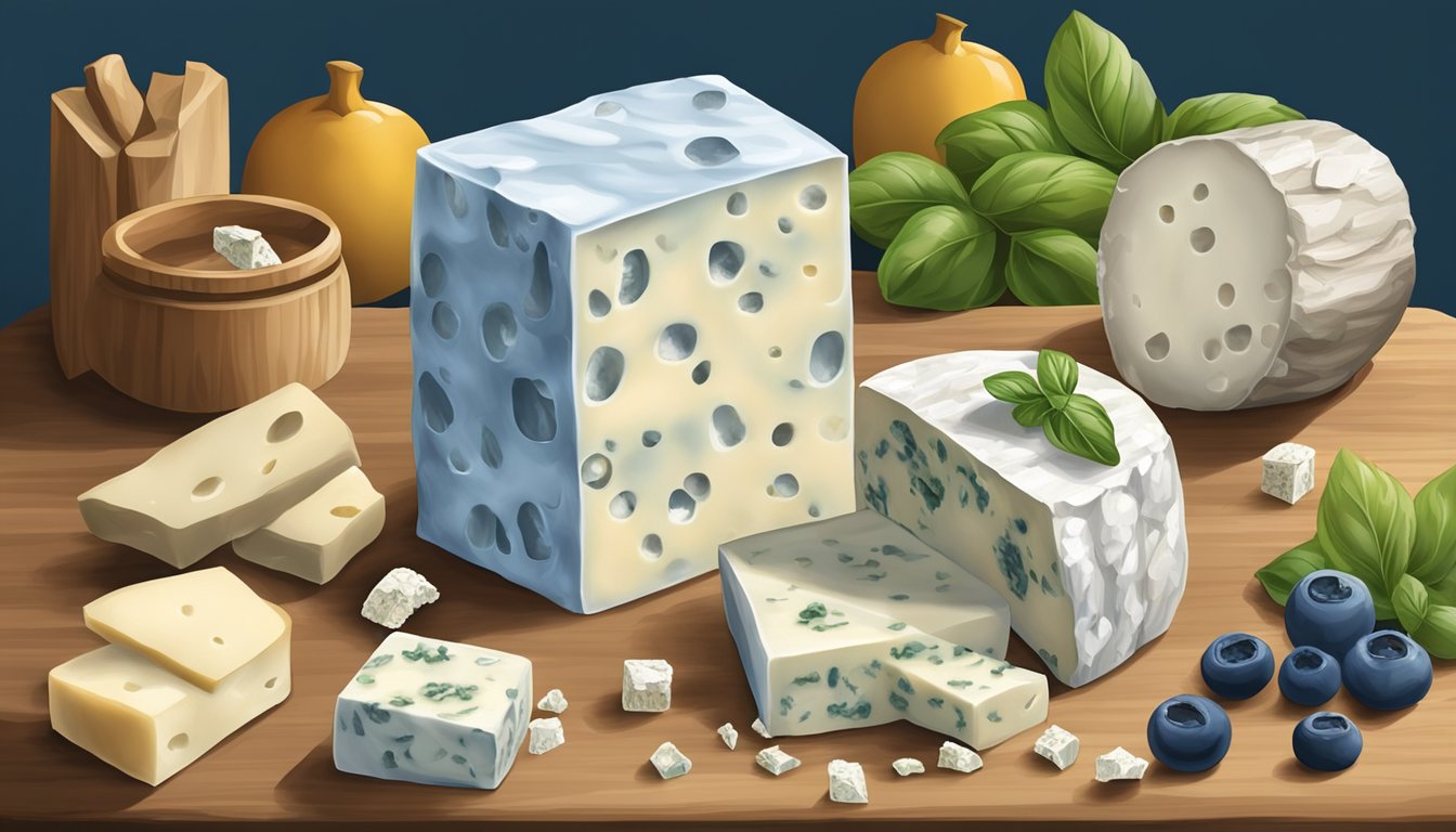 A block of gorgonzola cheese with various substitute options surrounding it, such as blue cheese, feta, and goat cheese