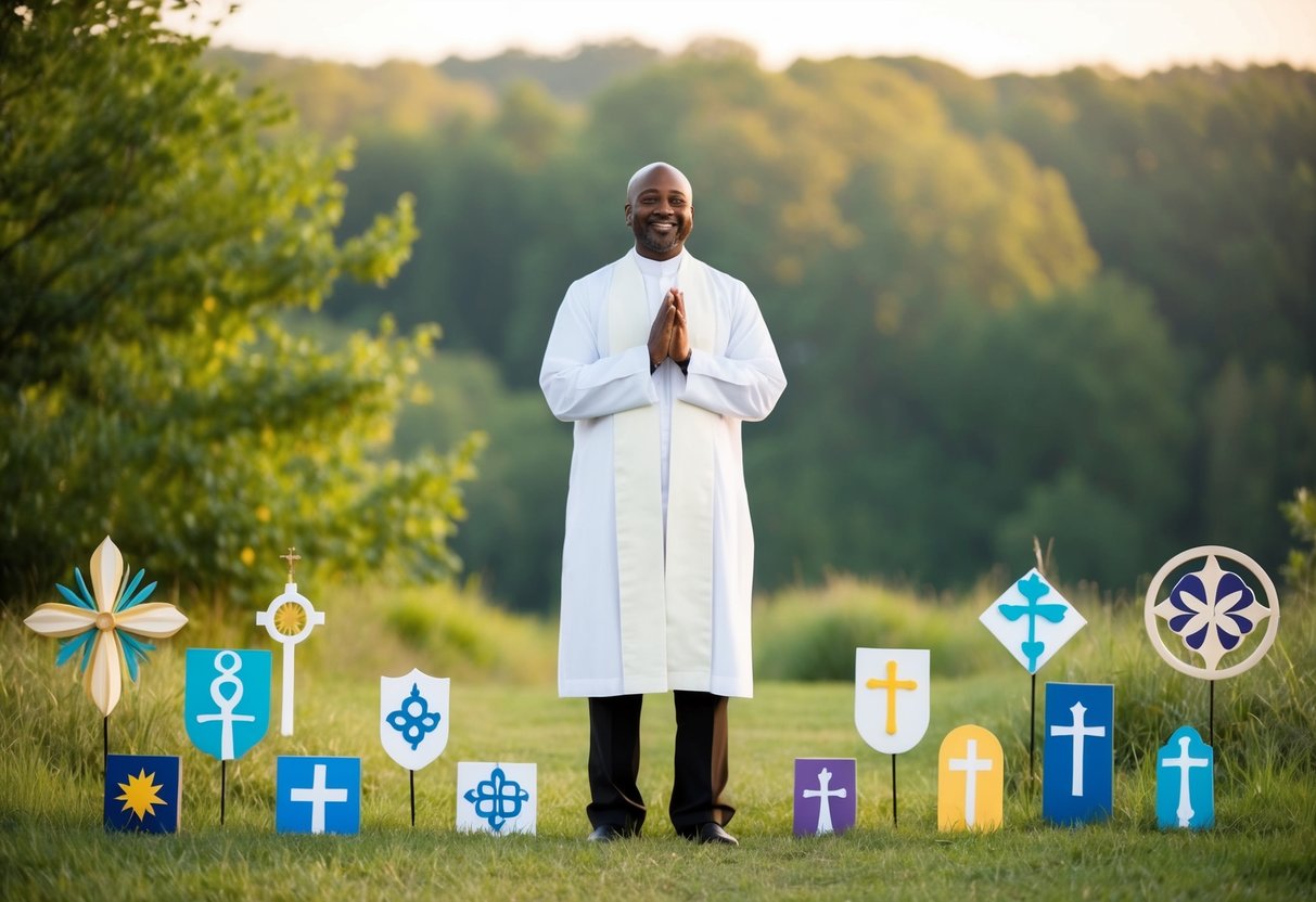 A celebrant stands before a serene natural setting, surrounded by symbols of various faiths and spiritual beliefs