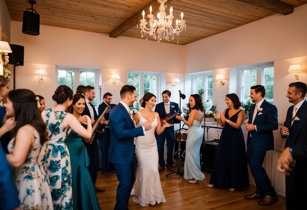A small wedding reception with a live band playing soft, romantic music while guests chat and dance in a cozy, intimate setting