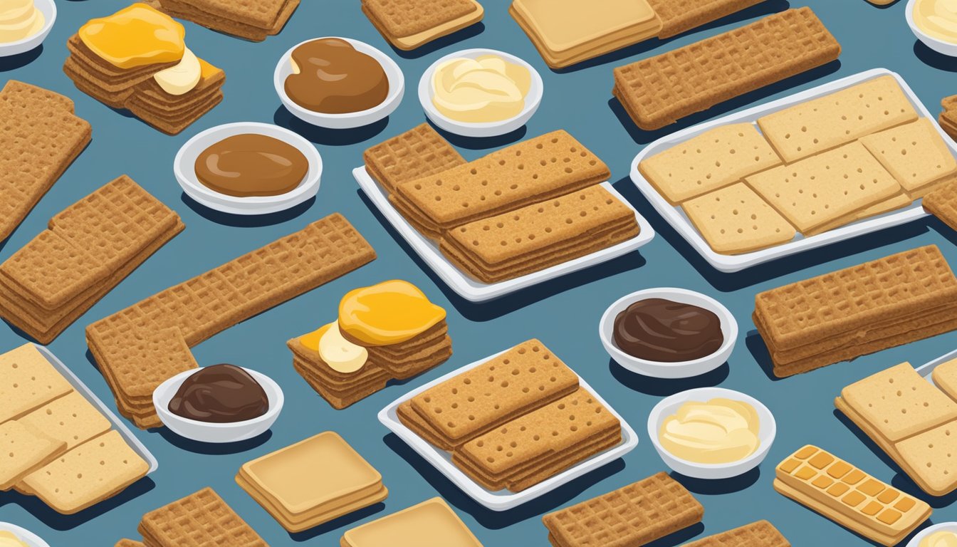 A plate of graham crackers arranged in a neat row, with a variety of toppings and spreads alongside for use as substitutes