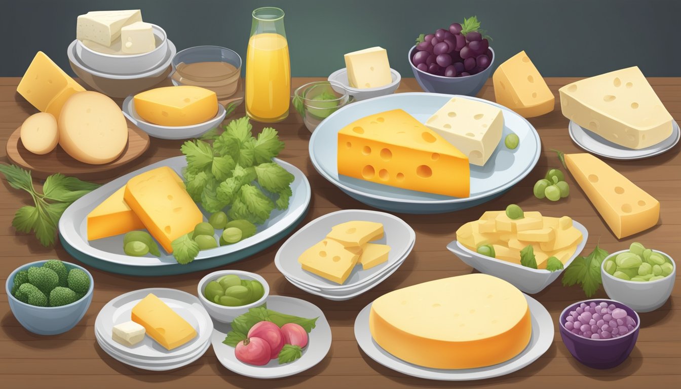 A table set with various cheese alternatives, fresh produce, and dietary restriction labels