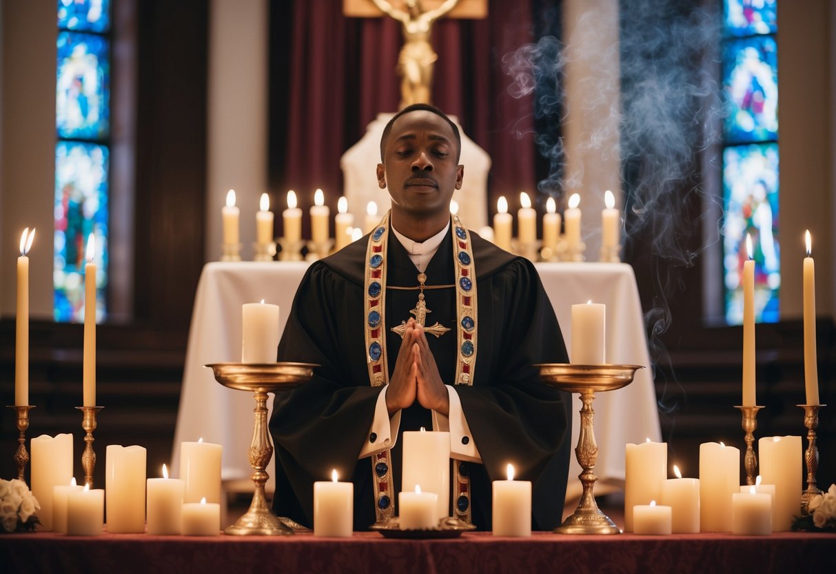 A celebrant stands before an altar, surrounded by candles and incense, with a look of reverence and devotion on their face