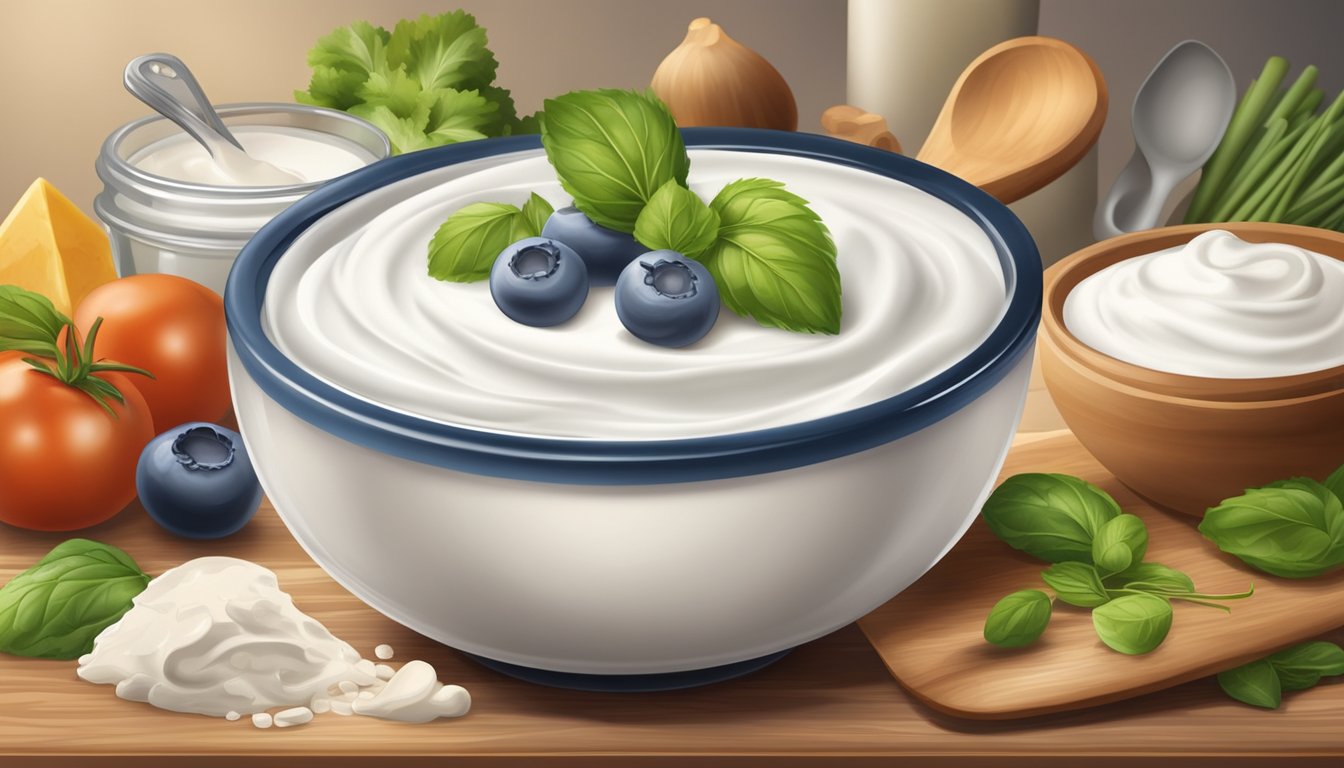 A bowl of greek yogurt sits next to various ingredients and kitchen utensils, ready to be used as a substitute in common cooking and baking dishes