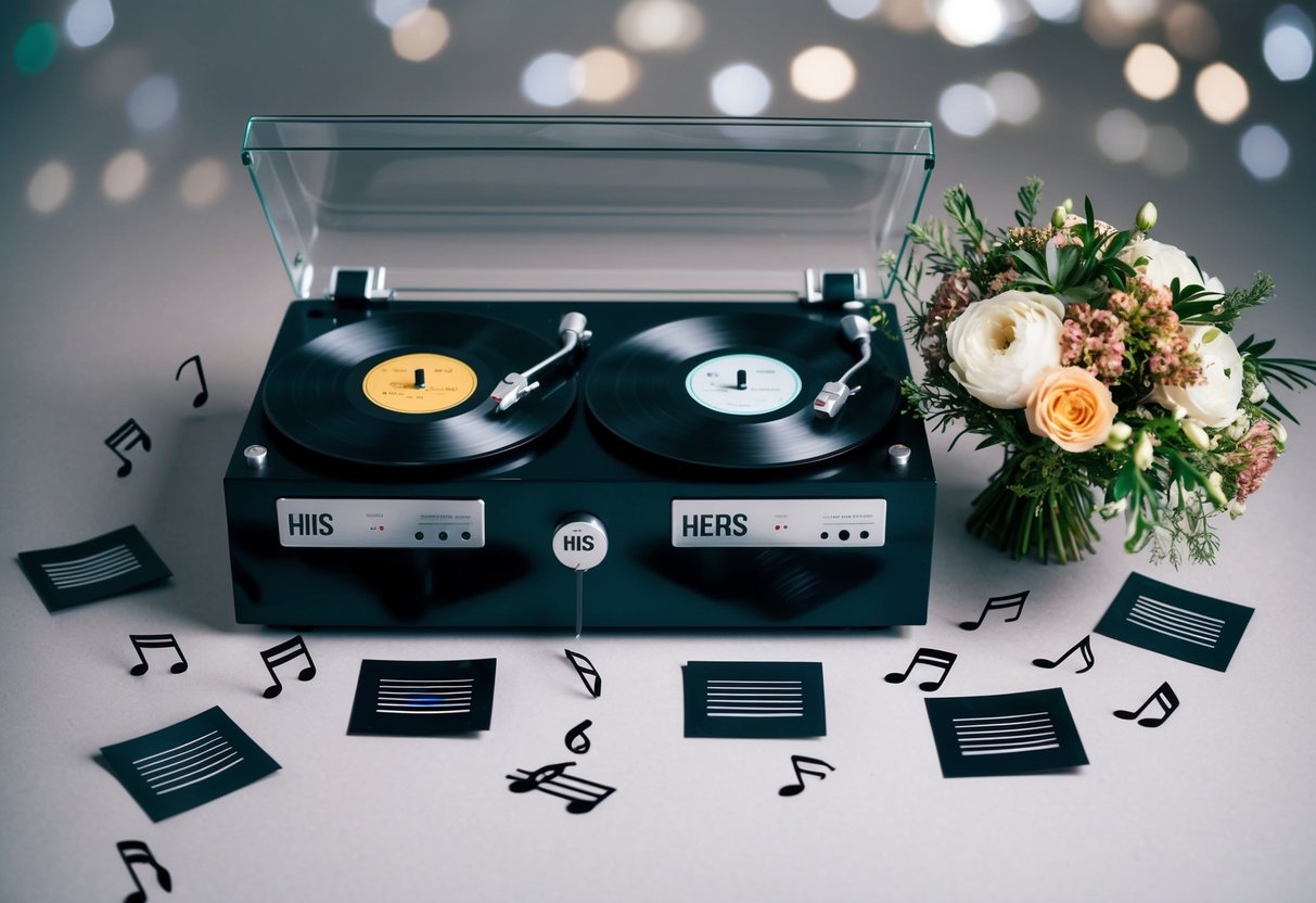 A record player with two vinyls, one labeled "his" and the other "hers," surrounded by scattered music notes and a bouquet of flowers