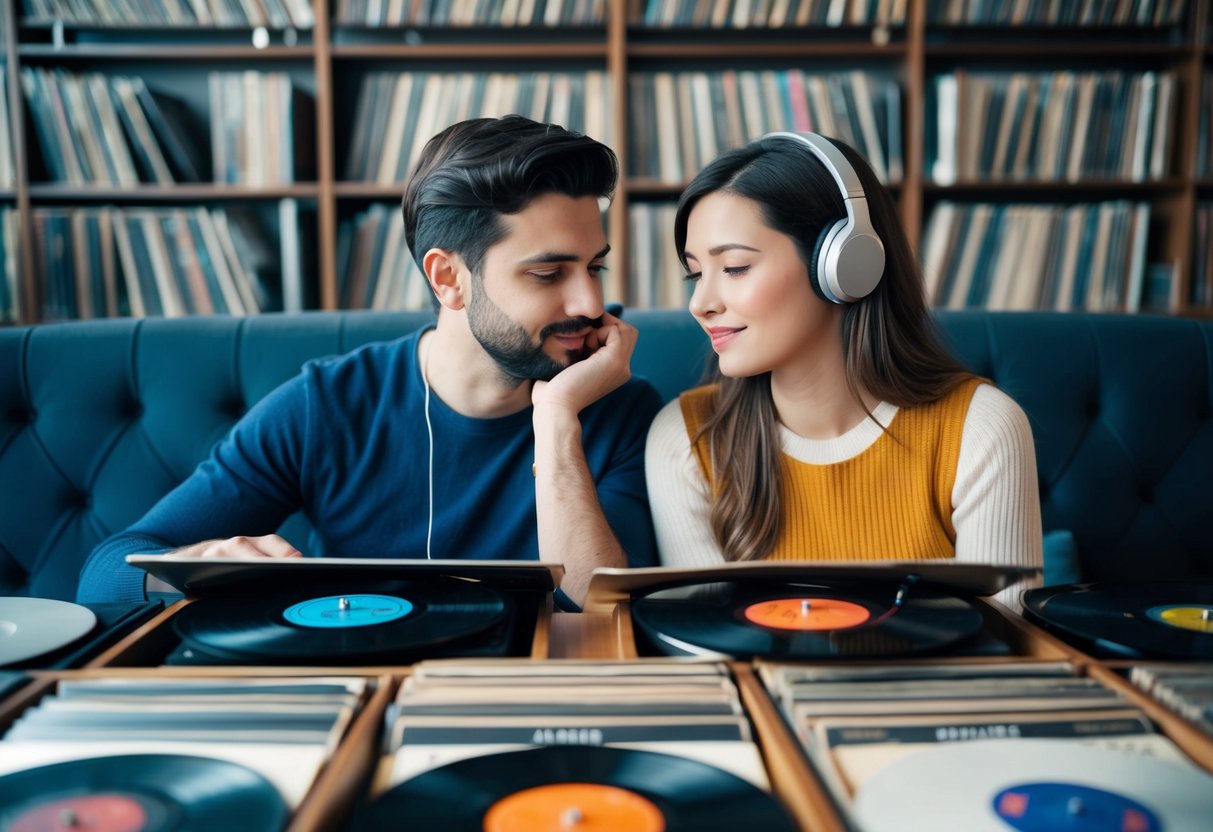 A couple sits together, surrounded by records. They listen to music, deep in conversation, trying to find their perfect song