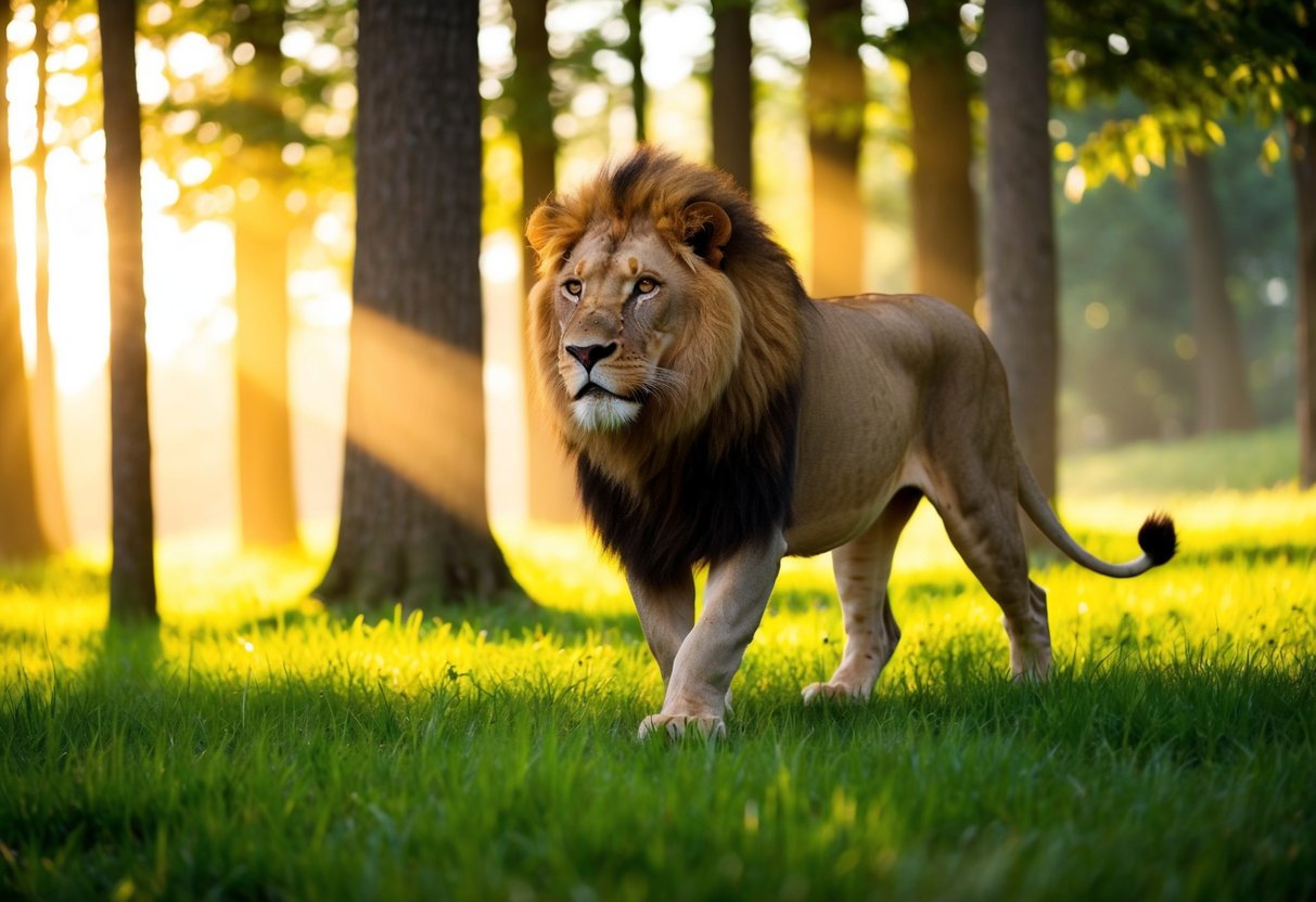 A majestic lion strides through a lush forest, sunlight streaming through the trees as a powerful orchestral melody fills the air