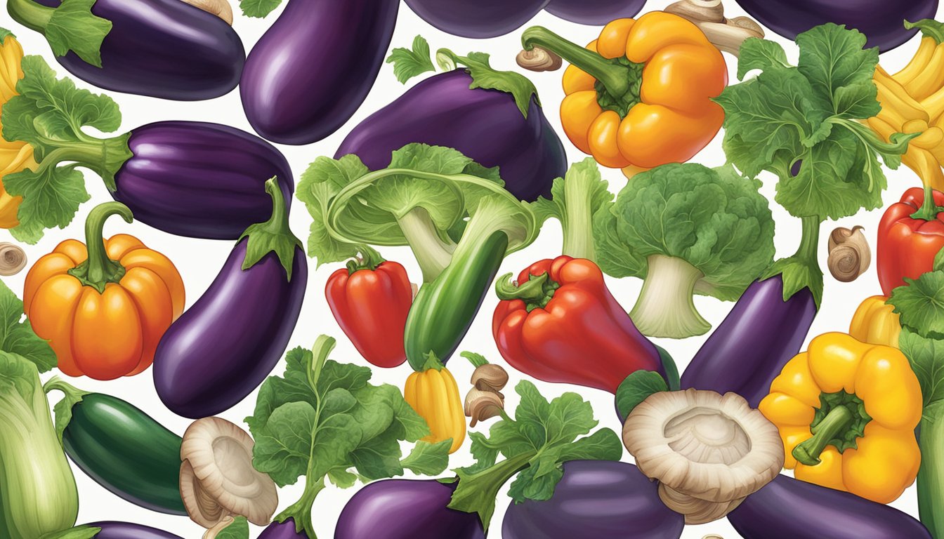 A colorful wall mural depicts various eggplant substitutes: zucchini, bell peppers, and mushrooms